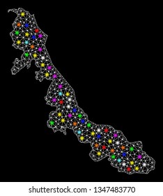 Polygonal vector map of Veracruz State with glare effect on a black background. Abstract triangles, lines, light colorful spots, dots forms map of Veracruz State. White mesh,