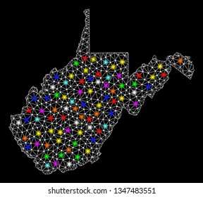 Polygonal vector map of West Virginia State with glow effect on a black background. Abstract triangles, lines, light colorful spots, points forms map of West Virginia State. White mesh,