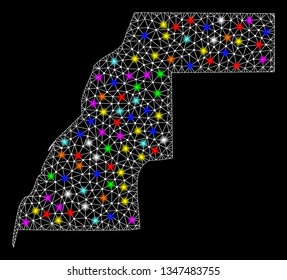 Polygonal vector map of Western Sahara with glare effect on a black background. Abstract triangles, lines, light colored spots, points forms map of Western Sahara. White mesh,