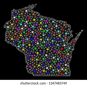 Polygonal vector map of Wisconsin State with glare effect on a black background. Abstract triangles, lines, light colorful spots, points forms map of Wisconsin State. White mesh,
