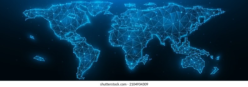 Mapa vectorial poligonal del mundo. Diseño conceptual de la globalización. Mapa mundial hecho de líneas y puntos.