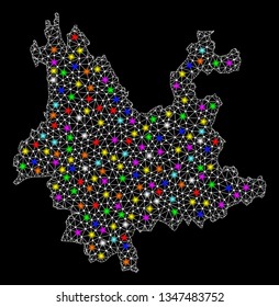 Polygonal vector map of Yunnan Province with glare effect on a black background. Abstract triangles, lines, light colorful spots, points forms map of Yunnan Province. White mesh,