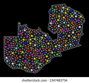 Polygonal vector map of Zambia with glow effect on a black background. Abstract triangles, lines, light colorful spots, points forms map of Zambia. White mesh,