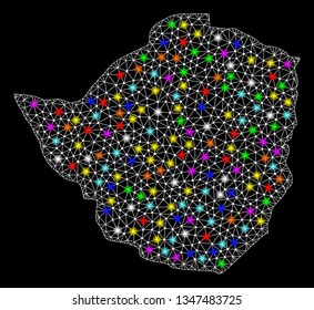 Polygonal vector map of Zimbabwe with glow effect on a black background. Abstract triangles, lines, light colored spots, nodes forms map of Zimbabwe. White mesh,