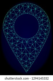 Polygonal vector mesh local map marker. Connected lines, triangles and points forms abstract local map marker. Wire frame 2D polygonal line network on a dark blue background.