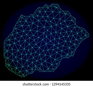 Polygonal vector mesh map of Alegranza Island. Connected lines, triangles and points forms abstract map of Alegranza Island. Wire frame 2D polygonal line network on a dark blue background.