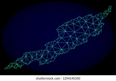 Polygonal vector mesh map of Anguilla Island. Connected lines, triangles and points forms abstract map of Anguilla Island. Wire frame 2D polygonal line network on a dark blue background.