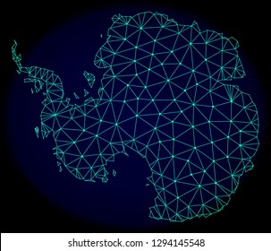 Polygonal vector mesh map of Antarctica. Connected lines, triangles and points forms abstract map of Antarctica. Wire frame 2D polygonal line network on a dark blue background.