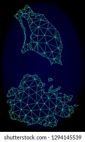 Polygonal vector mesh map of Antigua and Barbuda. Connected lines, triangles and points forms abstract map of Antigua and Barbuda. Wire frame 2D polygonal line network on a dark blue background.