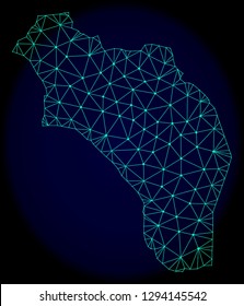 Polygonal vector mesh map of Argentina - La Rioja. Connected lines, triangles and points forms abstract map of Argentina - La Rioja. Wire frame 2D polygonal line network on a dark blue background.