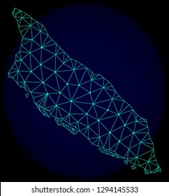Polygonal vector mesh map of Aruba Island. Connected lines, triangles and points forms abstract map of Aruba Island. Wire frame 2D polygonal line network on a dark blue background.