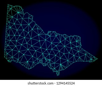 Polygonal vector mesh map of Australian Victoria. Connected lines, triangles and points forms abstract map of Australian Victoria. Wire frame 2D polygonal line network on a dark blue background.