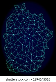 Polygonal vector mesh map of Azores - Flores Island. Connected lines, triangles and points forms abstract map of Azores - Flores Island. Wire frame 2D polygonal line network on a dark blue background.