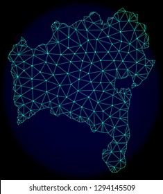 Polygonal vector mesh map of Bahia State. Connected lines, triangles and points forms abstract map of Bahia State. Wire frame 2D polygonal line network on a dark blue background.