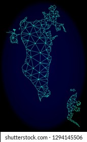 Polygonal vector mesh map of Bahrain. Connected lines, triangles and points forms abstract map of Bahrain. Wire frame 2D polygonal line network on a dark blue background.
