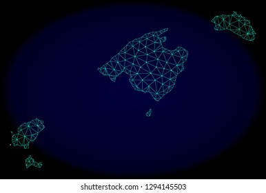 Polygonal vector mesh map of Balearic Islands. Connected lines, triangles and points forms abstract map of Balearic Islands. Wire frame 2D polygonal line network on a dark blue background.