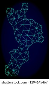 Polygonal vector mesh map of Calabria region. Connected lines, triangles and points forms abstract map of Calabria region. Wire frame 2D polygonal line network on a dark blue background.
