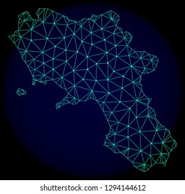Polygonal vector mesh map of Campania region. Connected lines, triangles and points forms abstract map of Campania region. Wire frame 2D polygonal line network on a dark blue background.