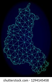 Polygonal vector mesh map of Champagne Province. Connected lines, triangles and points forms abstract map of Champagne Province. Wire frame 2D polygonal line network on a dark blue background.