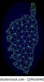 Polygonal vector mesh map of Corsica. Connected lines, triangles and points forms abstract map of Corsica. Wire frame 2D polygonal line network on a dark blue background.