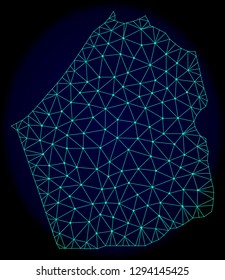 Polygonal vector mesh map of Dubai Emirate. Connected lines, triangles and points forms abstract map of Dubai Emirate. Wire frame 2D polygonal line network on a dark blue background.