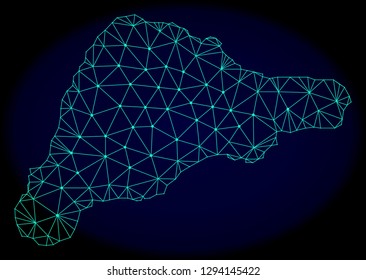 Polygonal vector mesh map of Easter Island. Connected lines, triangles and points forms abstract map of Easter Island. Wire frame 2D polygonal line network on a dark blue background.