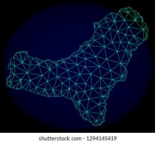 Polygonal vector mesh map of El Hierro Island. Connected lines, triangles and points forms abstract map of El Hierro Island. Wire frame 2D polygonal line network on a dark blue background.