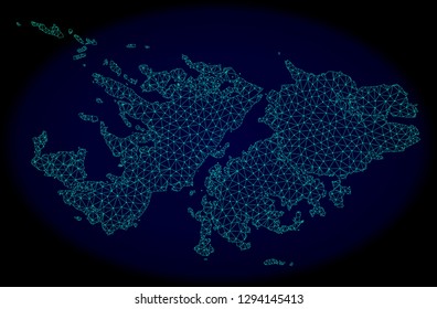 Polygonal vector mesh map of Falkland Islands. Connected lines, triangles and points forms abstract map of Falkland Islands. Wire frame 2D polygonal line network on a dark blue background.