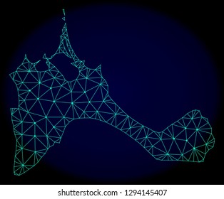 Polygonal vector mesh map of Formentera Island. Connected lines, triangles and points forms abstract map of Formentera Island. Wire frame 2D polygonal line network on a dark blue background.