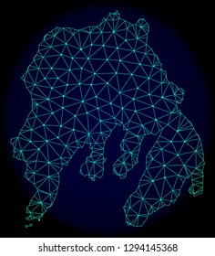 Polygonal vector mesh map of Gambier Island. Connected lines, triangles and points forms abstract map of Gambier Island. Wire frame 2D polygonal line network on a dark blue background.