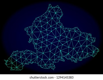 Polygonal vector mesh map of Gelderland Province. Connected lines, triangles and points forms abstract map of Gelderland Province. Wire frame 2D polygonal line network on a dark blue background.