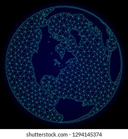 Polygonal vector mesh map of global ocean. Connected lines, triangles and points forms abstract map of global ocean. Wire frame 2D polygonal line network on a dark blue background.