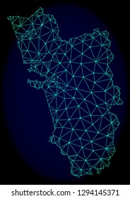 Polygonal vector mesh map of Goa State. Connected lines, triangles and points forms abstract map of Goa State. Wire frame 2D polygonal line network on a dark blue background.