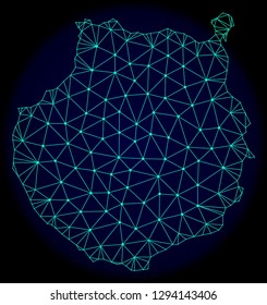 Polygonal vector mesh map of Gran Canaria. Connected lines, triangles and points forms abstract map of Gran Canaria. Wire frame 2D polygonal line network on a dark blue background.
