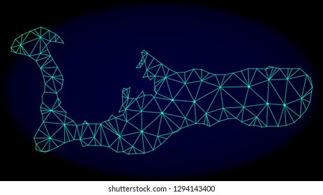 Polygonal vector mesh map of Grand Cayman Island. Connected lines, triangles and points forms abstract map of Grand Cayman Island. Wire frame 2D polygonal line network on a dark blue background.