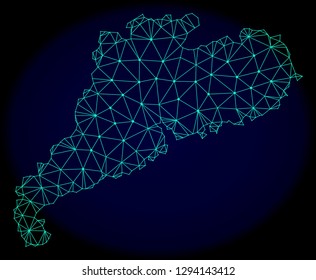 Polygonal vector mesh map of Guangdong Province. Connected lines, triangles and points forms abstract map of Guangdong Province. Wire frame 2D polygonal line network on a dark blue background.