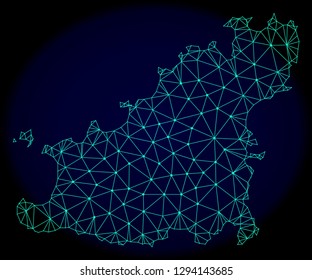 Polygonal vector mesh map of Guernsey Island. Connected lines, triangles and points forms abstract map of Guernsey Island. Wire frame 2D polygonal line network on a dark blue background.