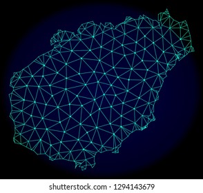 Polygonal vector mesh map of Hainan Island. Connected lines, triangles and points forms abstract map of Hainan Island. Wire frame 2D polygonal line network on a dark blue background.