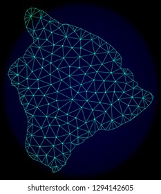 Polygonal vector mesh map of Hawaii Big Island. Connected lines, triangles and points forms abstract map of Hawaii Big Island. Wire frame 2D polygonal line network on a dark blue background.