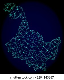 Polygonal vector mesh map of Heilongjiang Province. Connected lines, triangles and points forms abstract map of Heilongjiang Province. Wire frame 2D polygonal line network on a dark blue background.