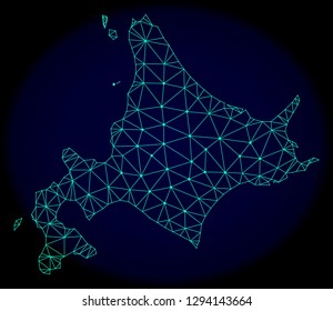Polygonal vector mesh map of Hokkaido Island. Connected lines, triangles and points forms abstract map of Hokkaido Island. Wire frame 2D polygonal line network on a dark blue background.