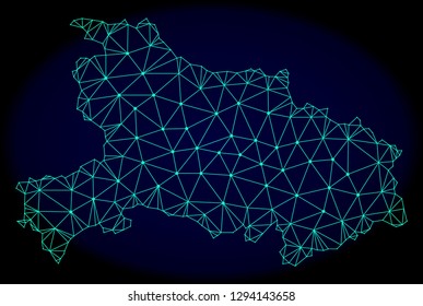 Polygonal vector mesh map of Hubei Province. Connected lines, triangles and points forms abstract map of Hubei Province. Wire frame 2D polygonal line network on a dark blue background.