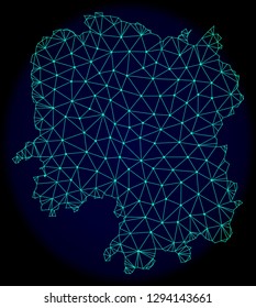 Polygonal vector mesh map of Hunan Province. Connected lines, triangles and points forms abstract map of Hunan Province. Wire frame 2D polygonal line network on a dark blue background.