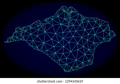 Polygonal vector mesh map of Isle of Wight. Connected lines, triangles and points forms abstract map of Isle of Wight. Wire frame 2D polygonal line network on a dark blue background.
