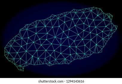 Polygonal vector mesh map of Jeju Island. Connected lines, triangles and points forms abstract map of Jeju Island. Wire frame 2D polygonal line network on a dark blue background.
