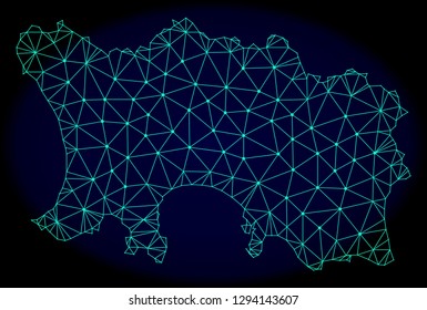 Polygonal vector mesh map of Jersey Island. Connected lines, triangles and points forms abstract map of Jersey Island. Wire frame 2D polygonal line network on a dark blue background.