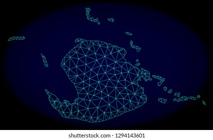 Polygonal vector mesh map of Juventud Island. Connected lines, triangles and points forms abstract map of Juventud Island. Wire frame 2D polygonal line network on a dark blue background.