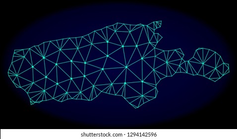 Polygonal vector mesh map of Kangaroo Island. Connected lines, triangles and points forms abstract map of Kangaroo Island. Wire frame 2D polygonal line network on a dark blue background.