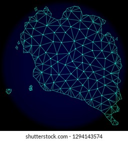 Polygonal vector mesh map of Ko Pha Ngan. Connected lines, triangles and points forms abstract map of Ko Pha Ngan. Wire frame 2D polygonal line network on a dark blue background.