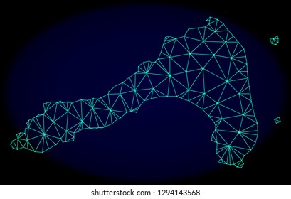 Polygonal vector mesh map of Koh Lipe. Connected lines, triangles and points forms abstract map of Koh Lipe. Wire frame 2D polygonal line network on a dark blue background.